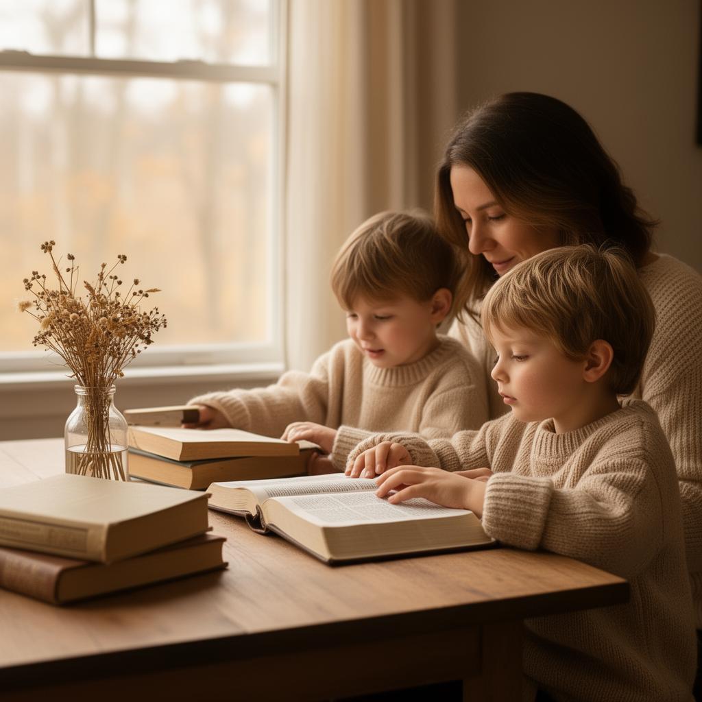 Christian mother and children reading the Bible together in a warm, sunlit home