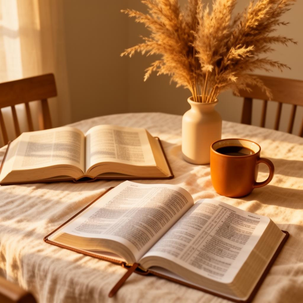 Open Bible and books on a linen tablecloth in soft afternoon light