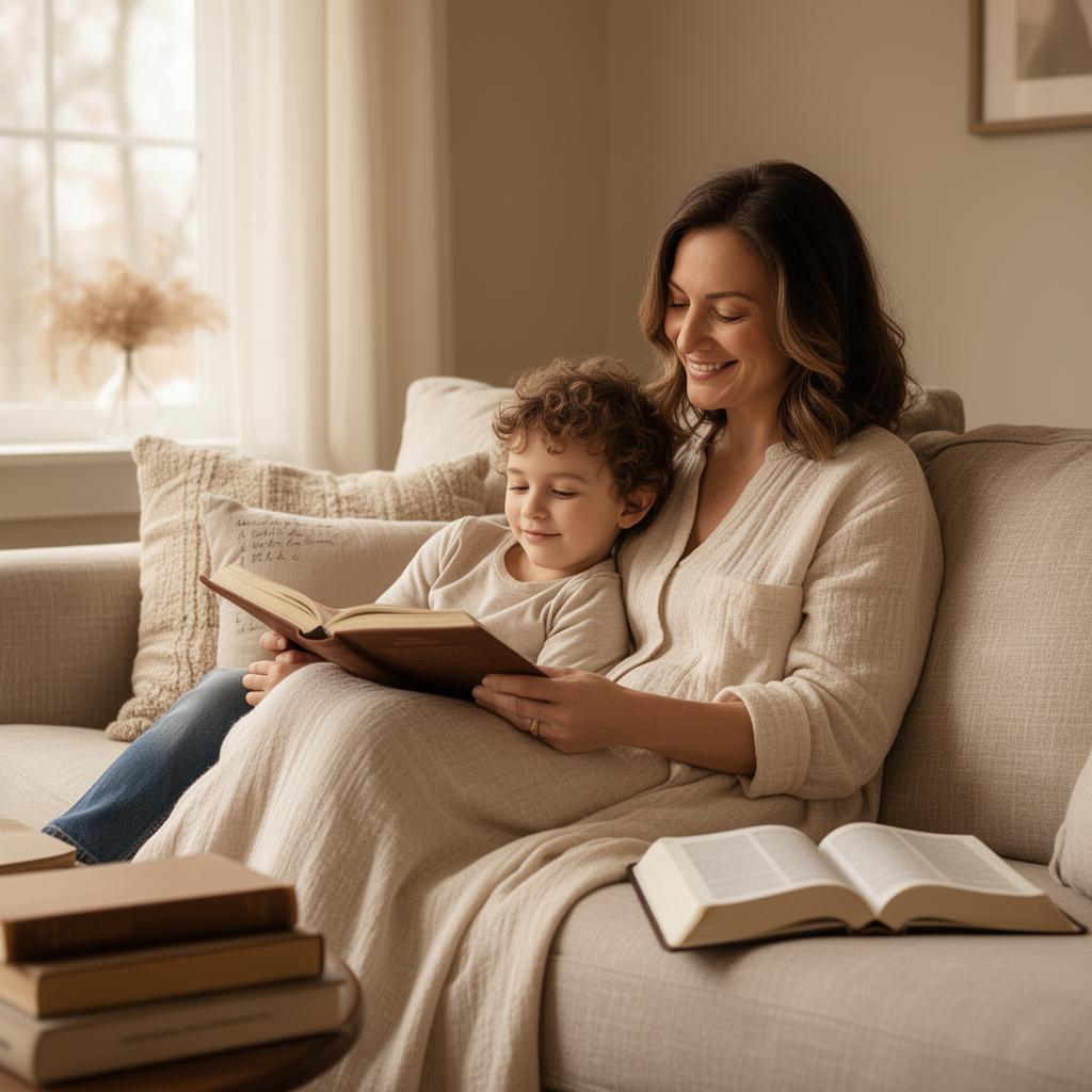 A peaceful Christian mother reading with her child on a cozy sofa